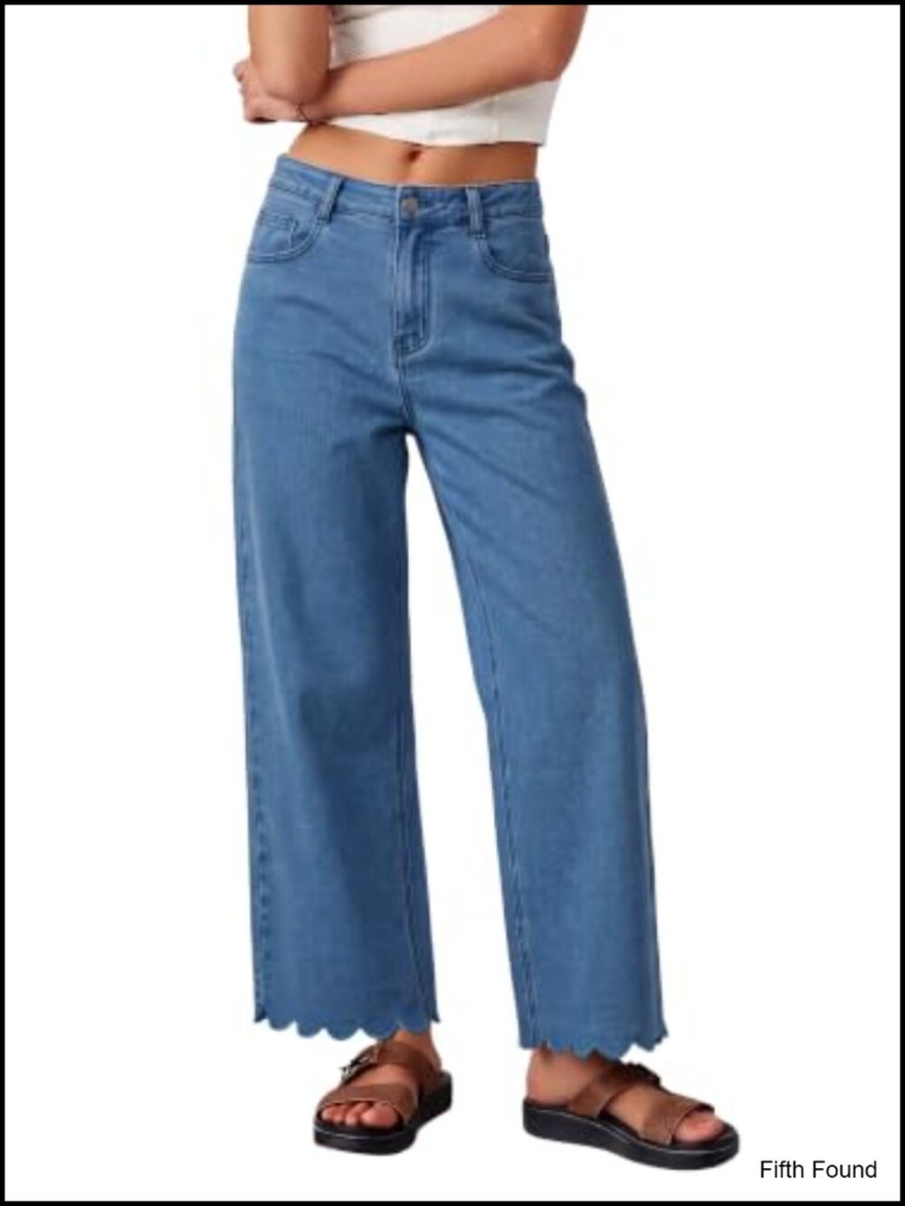 Wide Leg Cropped Jeans High Waist Scalloped Hem Denim Pants
